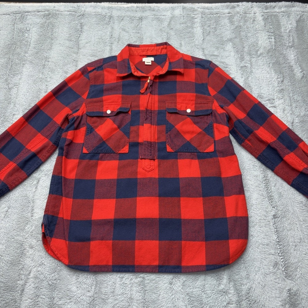 J. Crew Womens Sm Red Navy Blue Buffalo‎ Check Zip-front Popover Shirt Jacket